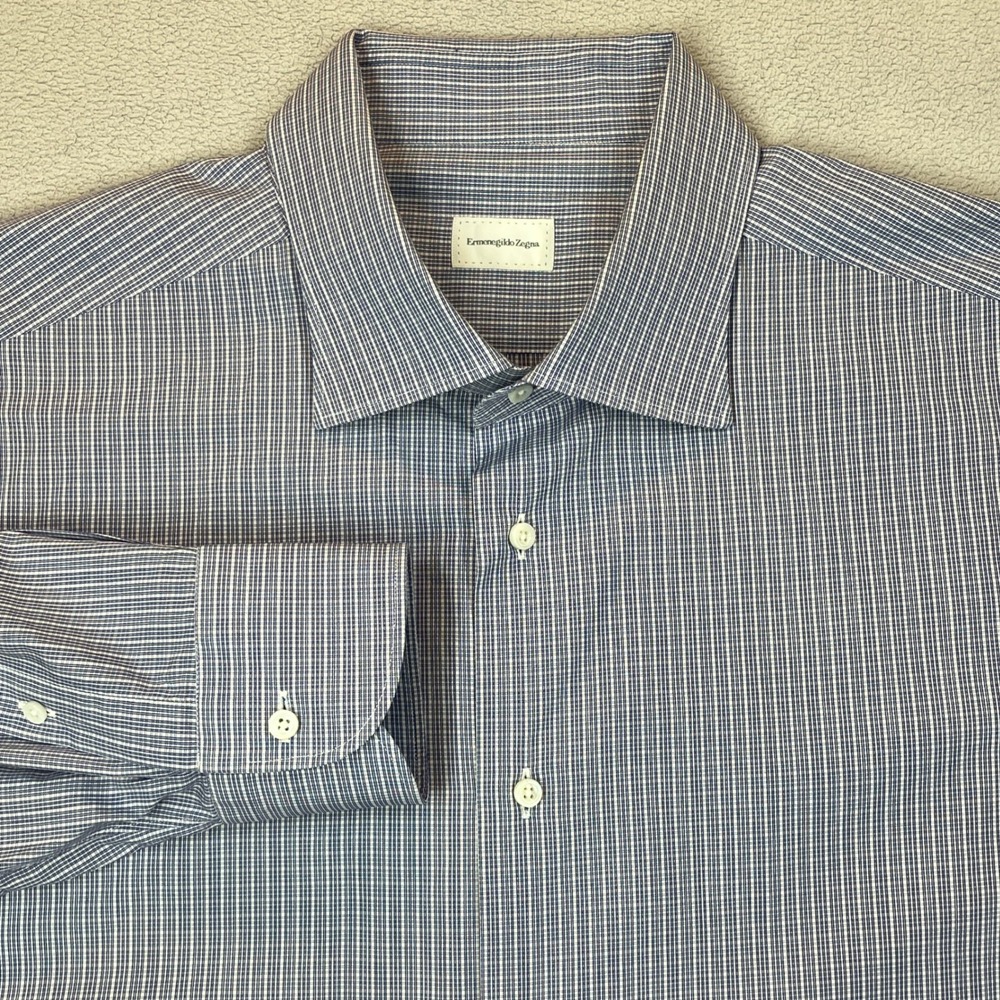 Ermenegildo Zegna Like New Mens XXL 18 Blue Check Dress Shirt 100% Cotton Luxury